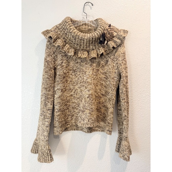 Sweaters - Lindsay Ruffle Collar Bell Sleeve Boho Cottagecore Chunky Sweater Womens Brown M